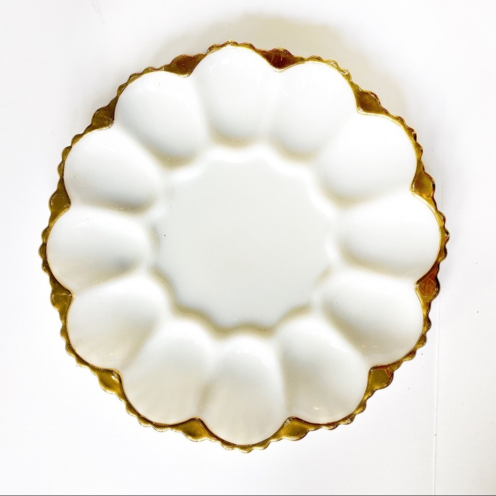 Vintage Gold Rimmed Deviled Eggs Serving Platter Plate Milk Glass Antique Tray